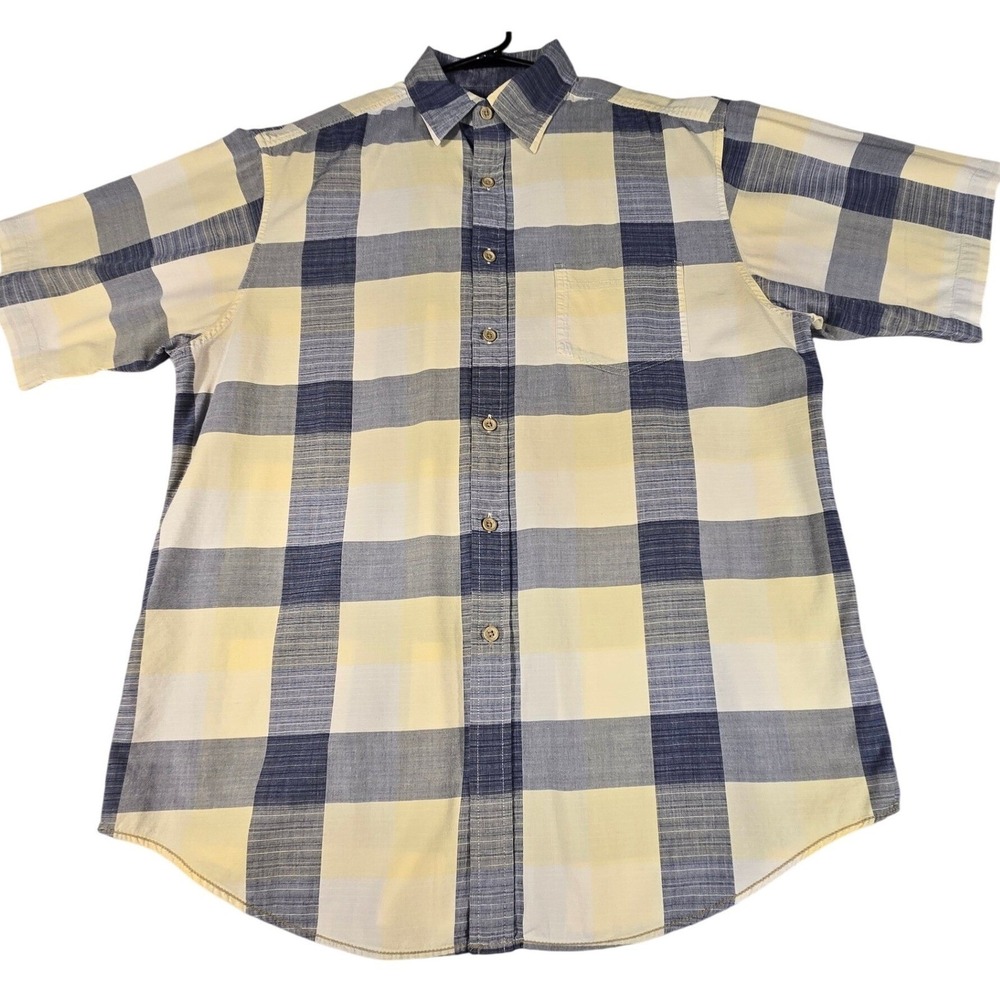 Roundtree & Yorke Casuals Mens Large Blue Yellow Plaid Short Sleeve Button Down